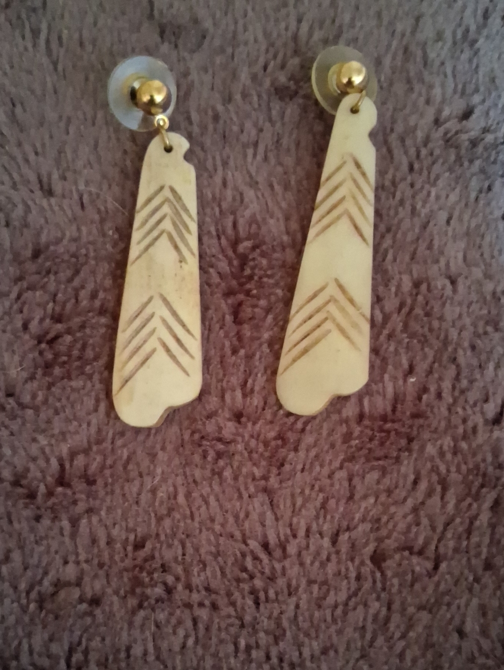 Gold Tone Real Bone Feather Earrings